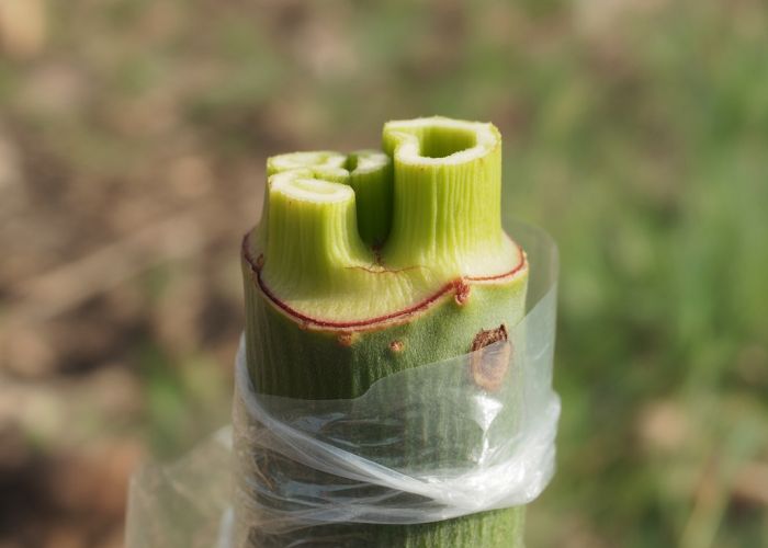 Close-up of plant graft secured with translucent Parafilm, showing new green growth.