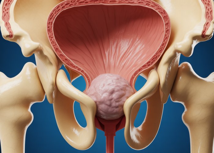 Illustration of a tissue mass in the male pelvis, showing its location relative to the bladder, prostate, and rectum.