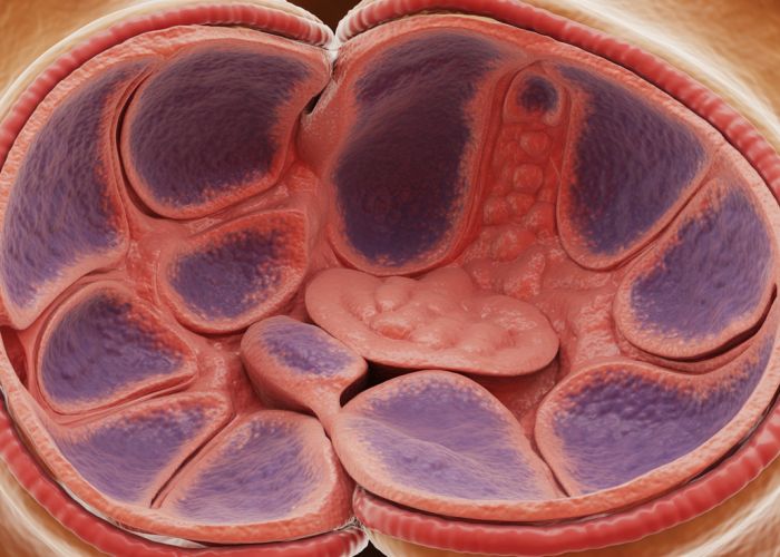 Microscopic view of the peritoneal lining showing mesothelial cells within the abdominal cavity.