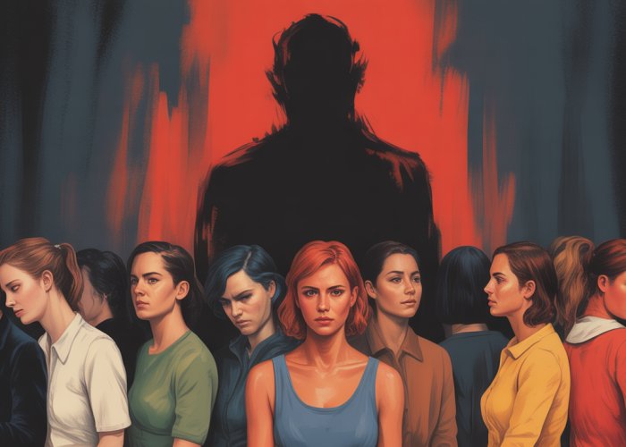 Digital art depicting a shadowy figure embodying a misogynistic mindset influencing vulnerable women.