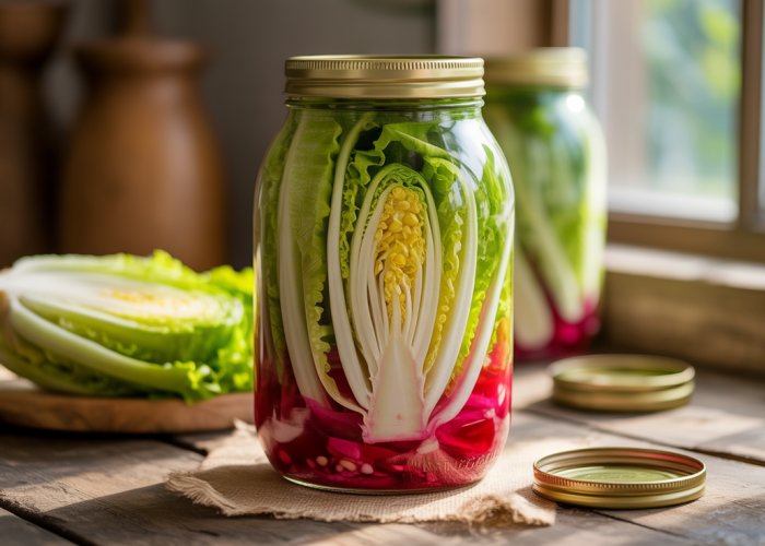 Jar of homemade pickled lettuce on a wooden table.