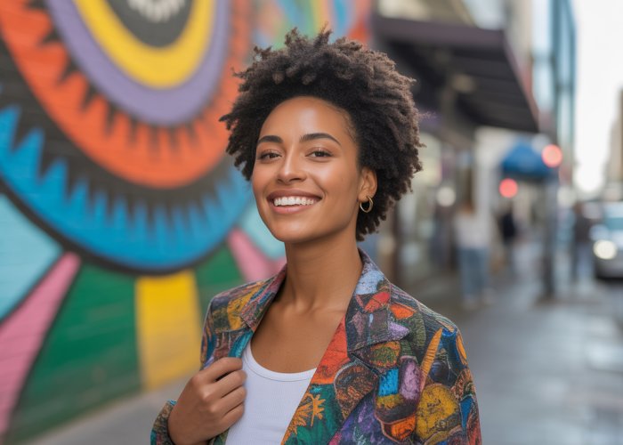 Portrait of a smiling Prieta Black woman with natural hair standing in front of a colorful urban mural.