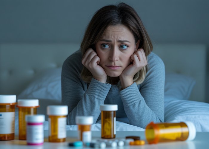 Worried woman surrounded by medication bottles, possibly experiencing progesterone overdose concerns.