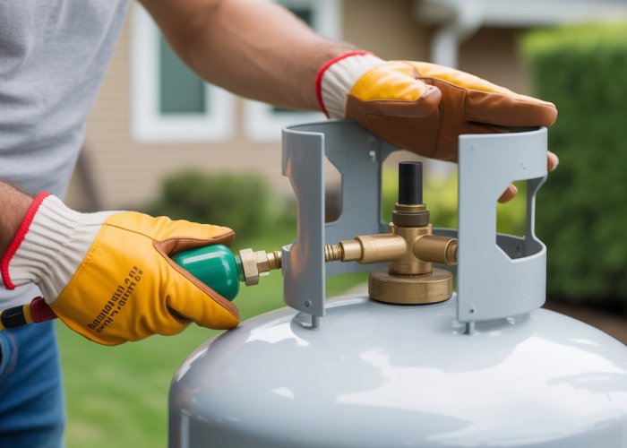Homeowner replacing propane regulator with safety glasses and gloves.