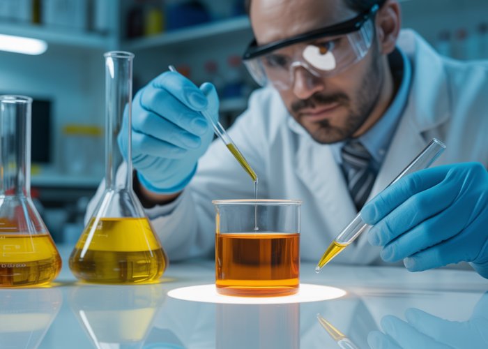 Scientist testing quenching oil stability in a laboratory setting after oxidation, using scientific instruments to analyze the oil's properties.