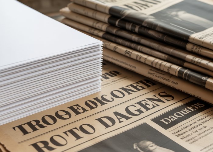 A ream of white printer paper next to a stack of old newspapers, illustrating the historical value compared to modern paper.