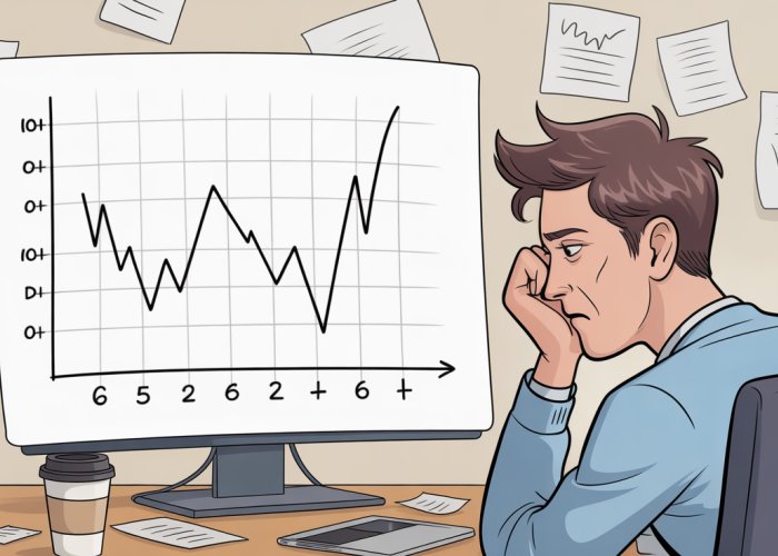 Frustrated statistician staring at a scatter plot with a poorly fitted regression line. Papers and coffee cups litter the messy office in the background.