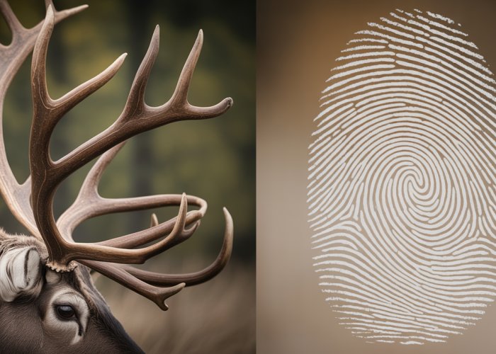 Close-up comparison of a reindeer antler's unique branching pattern next to a human fingerprint showing its unique swirls, illustrating their individuality.