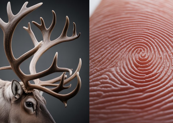 Close-up comparison of a reindeer antler texture and a human fingerprint, highlighting their unique patterns.