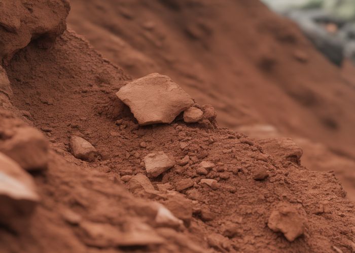 Close-up of reddish-brown residual soil showing texture and rock fragments.