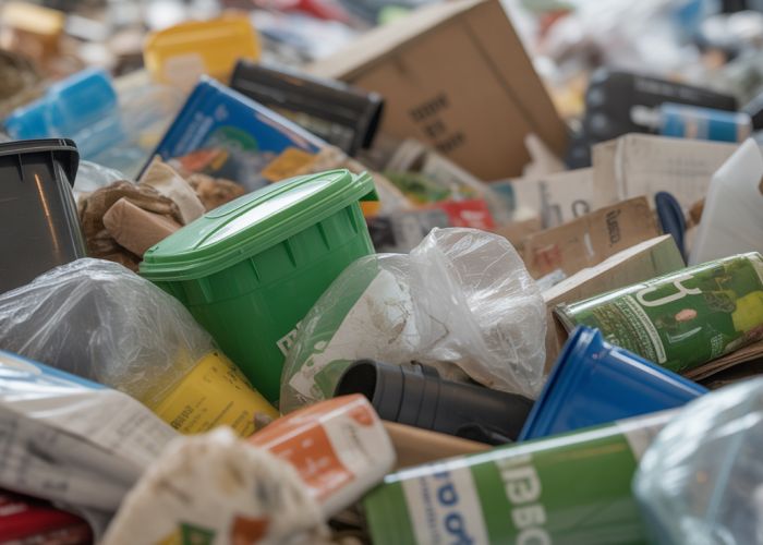 Unsorted household waste showing items that can't be easily recycled or composted, highlighting the challenge of residual waste management.
