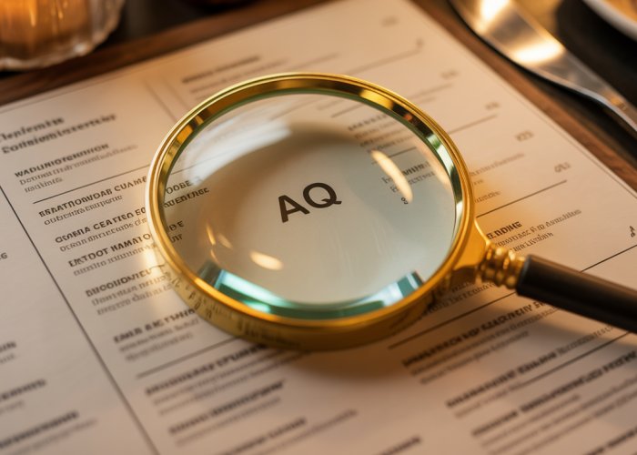Restaurant menu with 'AQ' abbreviation circled; magnifying glass hovers nearby. Image represents the question 'What does AQ mean on a menu?'