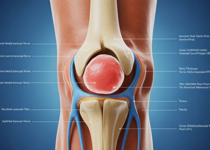 Medical illustration of genicular nerve branches around the knee, targeted for radiofrequency ablation (RFA).