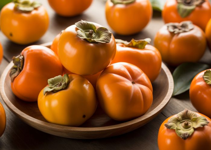 Total present ripe persimmons displayed on a wooden table.
