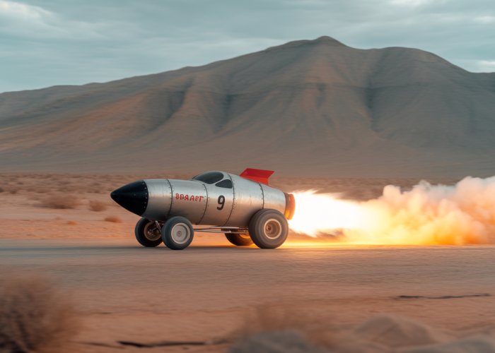 Rocket car battling air resistance in the desert.