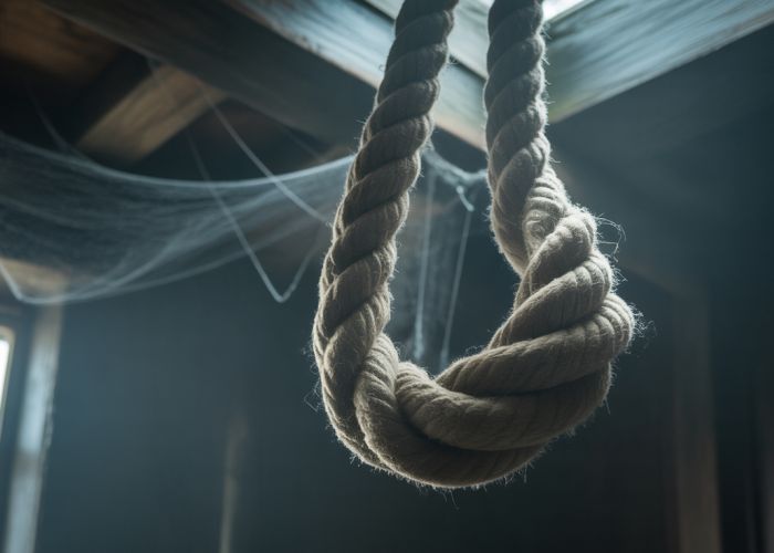 Thick, knotted rope hanging from a ceiling beam in a dimly lit room.