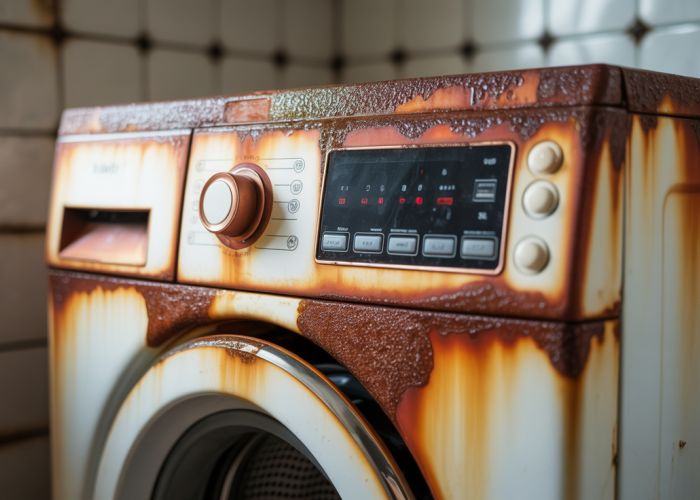 Heavily rusted washing machine showing signs of water damage and corrosion.