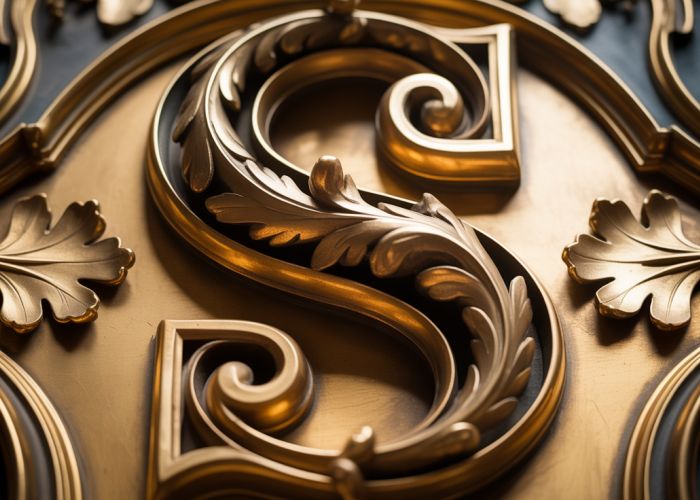 Gold Renaissance capital letter S with fig leaf scroller design