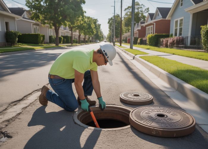 Sewer worker inspecting a manhole cover in a residential street, illustrating the infrastructure funded by sewage fees.