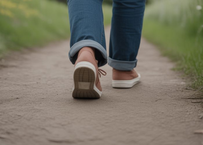 Close-up of feet taking short, shuffling steps on a dirt path.