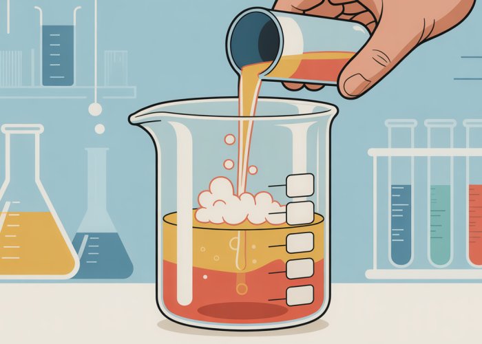 Illustration showing soap being poured into gasoline in a beaker, visualizing the reaction between the two.