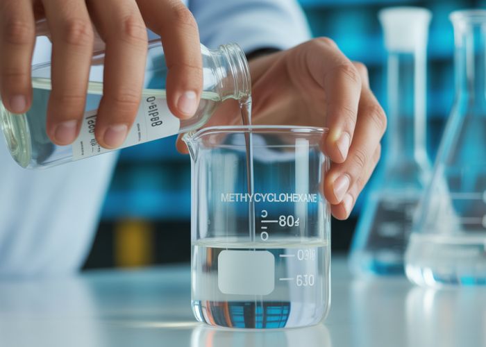 Chemist pouring solvent compatible with methylcyclohexane into beaker in a laboratory.