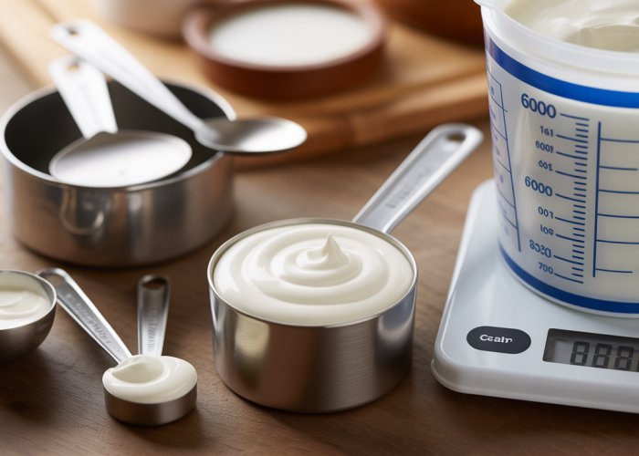 Measuring sour cream by weight and volume using a kitchen scale and measuring cup.