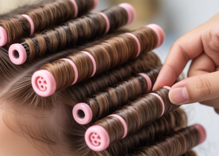 Close-up of various spiral perm rods in different hair sections, showcasing spiral perm texture.