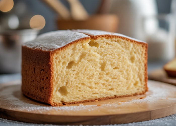 Close-up of a sliced vanilla cake showing its soft crumb and airy texture, illustrating the role of sugar in cake structure.