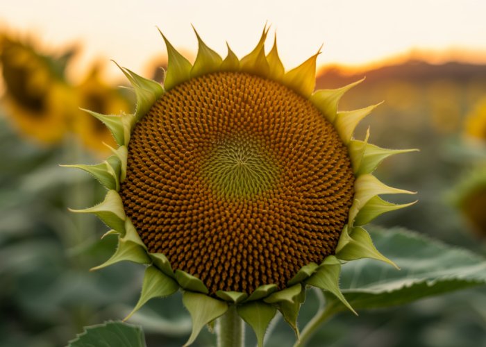 Developing sunflower seed head showcasing intricate spiral patterns, illustrating sunflower reproduction.
