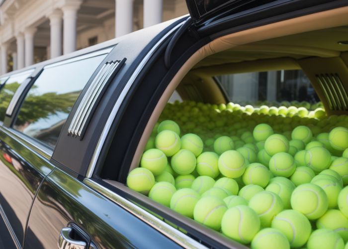 Limousine overflowing with tennis balls, a playful contrast of luxury and sport.