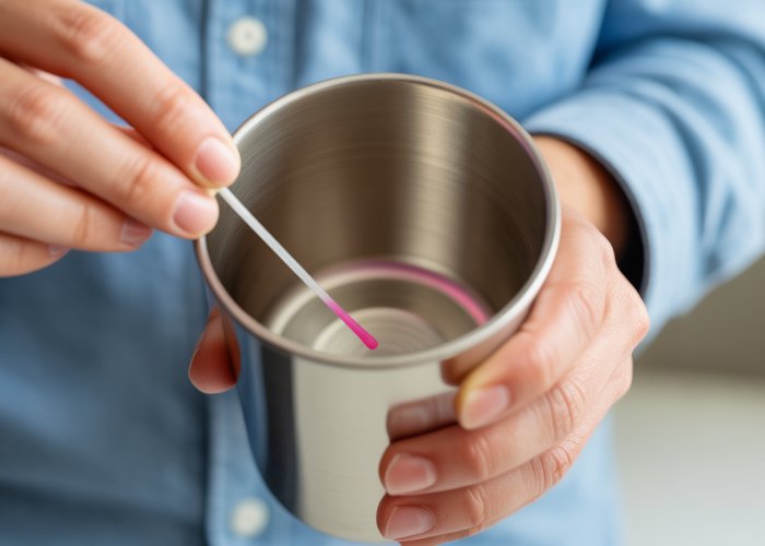 A person testing a stainless steel cup for lead using a lead testing kit.