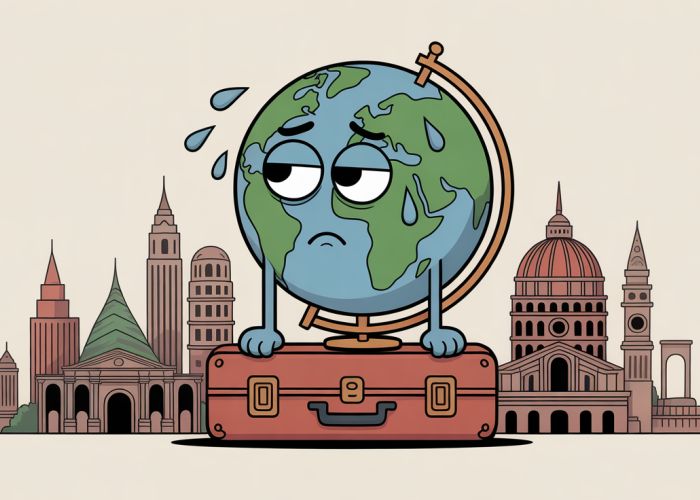 Tired globe sitting on a suitcase, representing the strain of global travel.