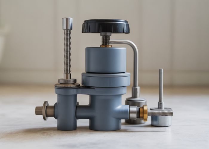 Disassembled toilet flush mechanism showing flapper, fill valve, float, and other parts.
