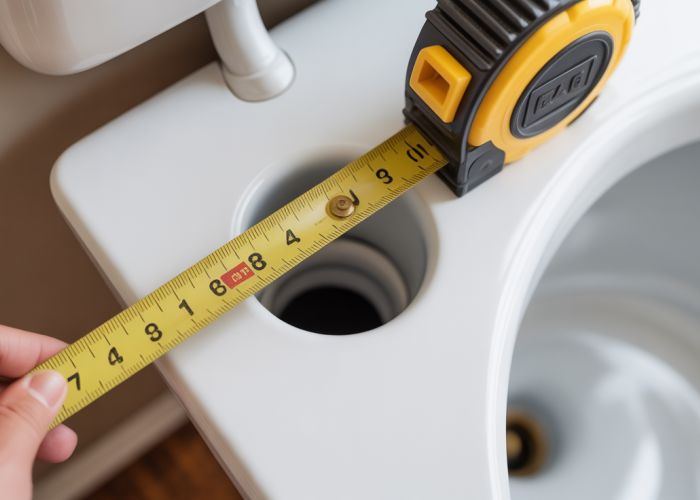 Measuring the distance from the wall to the center of the toilet drain for offset flange installation.
