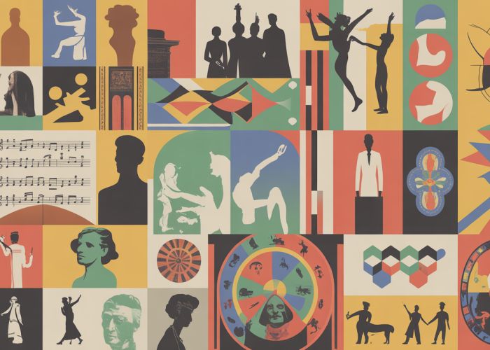 Collage representing the transformation and diversity explored within the humanities, featuring art, culture, and historical elements.