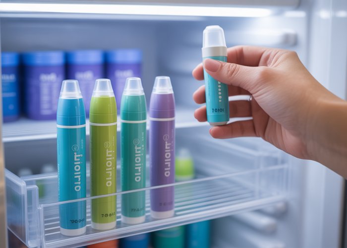 Close-up of Trulicity pens in their original packaging inside a refrigerator.