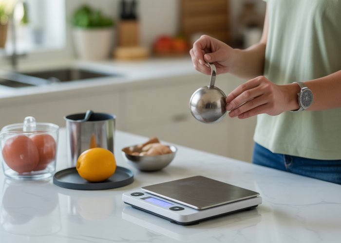 Close-up of a digital kitchen scale showing the weight of an apple in grams.