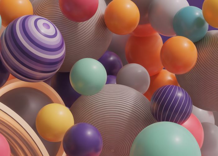 Abstract art featuring spheres of various sizes representing different dimensions on radius.