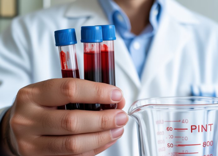 Vials of blood held in hand, illustrating the amount needed to equal one pint.