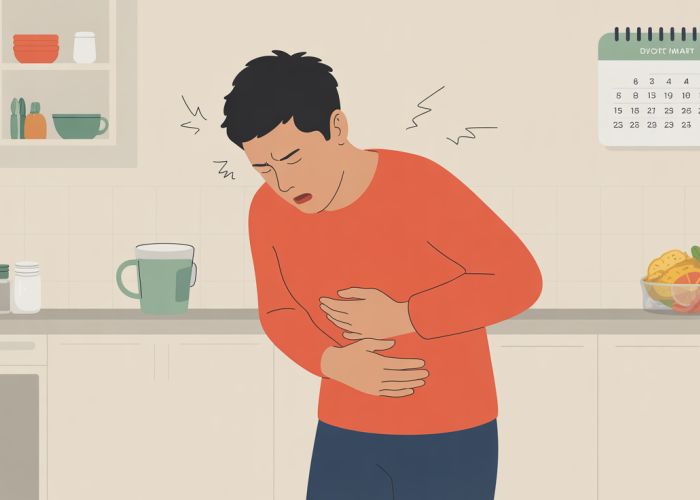 Nauseous person experiencing vomiting due to prolonged fasting.