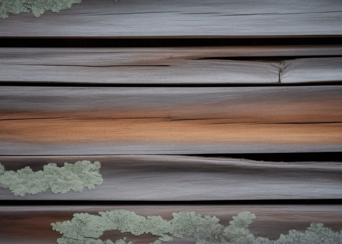 Close-up of weathered wooden planks showing color loss due to sun and rain.