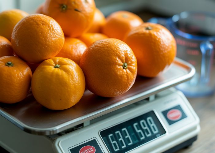 Oranges on a kitchen scale showing their weight, next to a measuring cup.