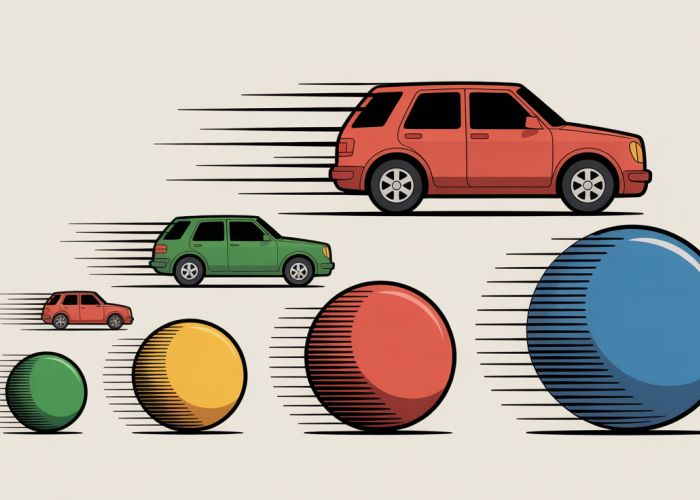 Illustration showing the relationship between weight and velocity, with heavier objects potentially moving slower or requiring more force to achieve the same speed.