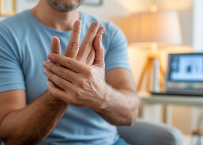 Woman recovering from wrist surgery after hardware removal, elevating her hand.